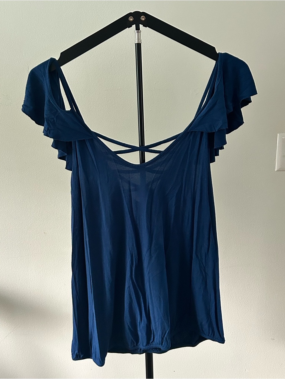 VENUS Navy Blue Ruffle Cold-Shoulder Tank with Crisscross Back